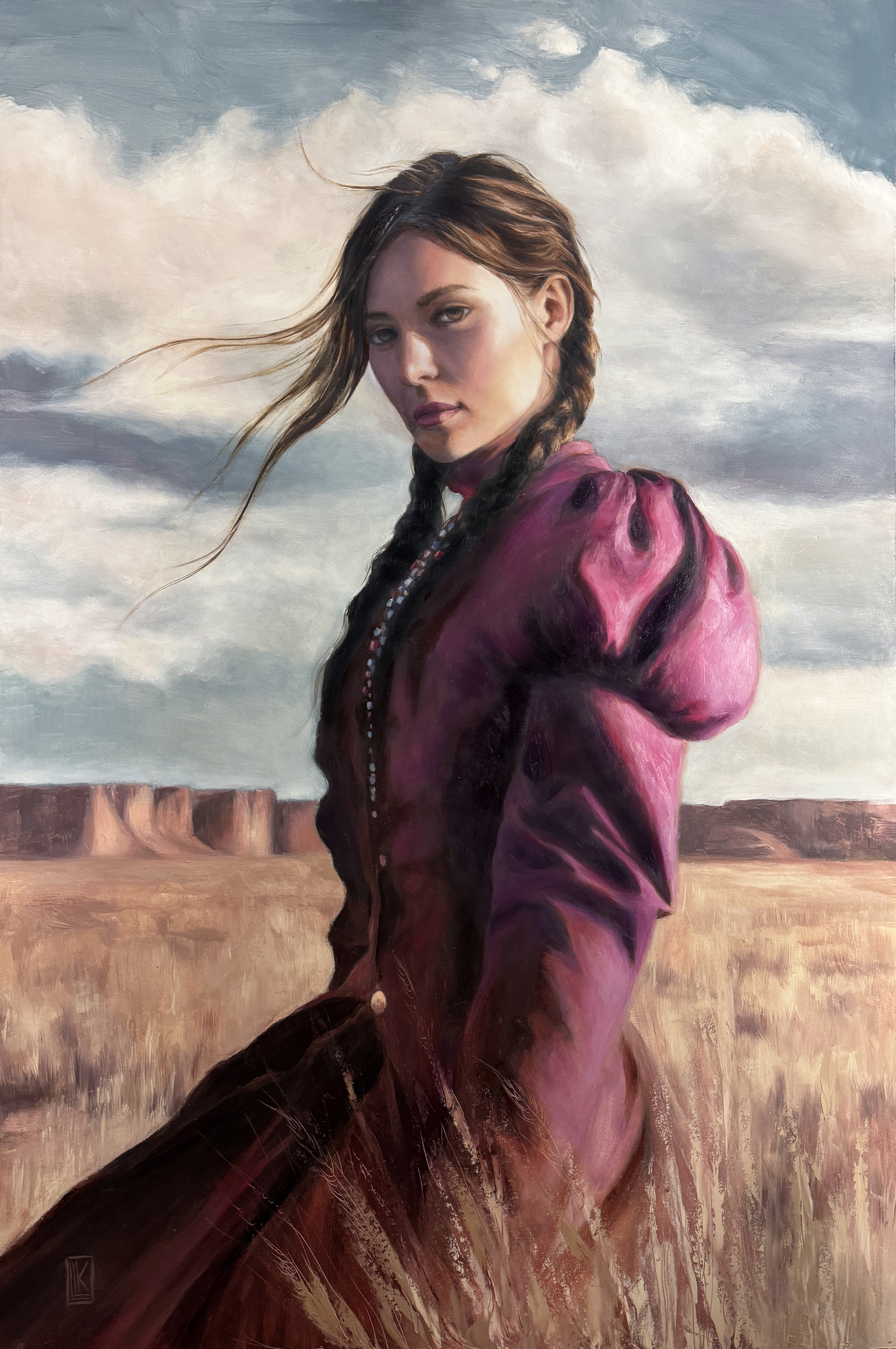 Medicine Woman, original 2025 portrait oil painting on wood panel by Laura L. Krusemark