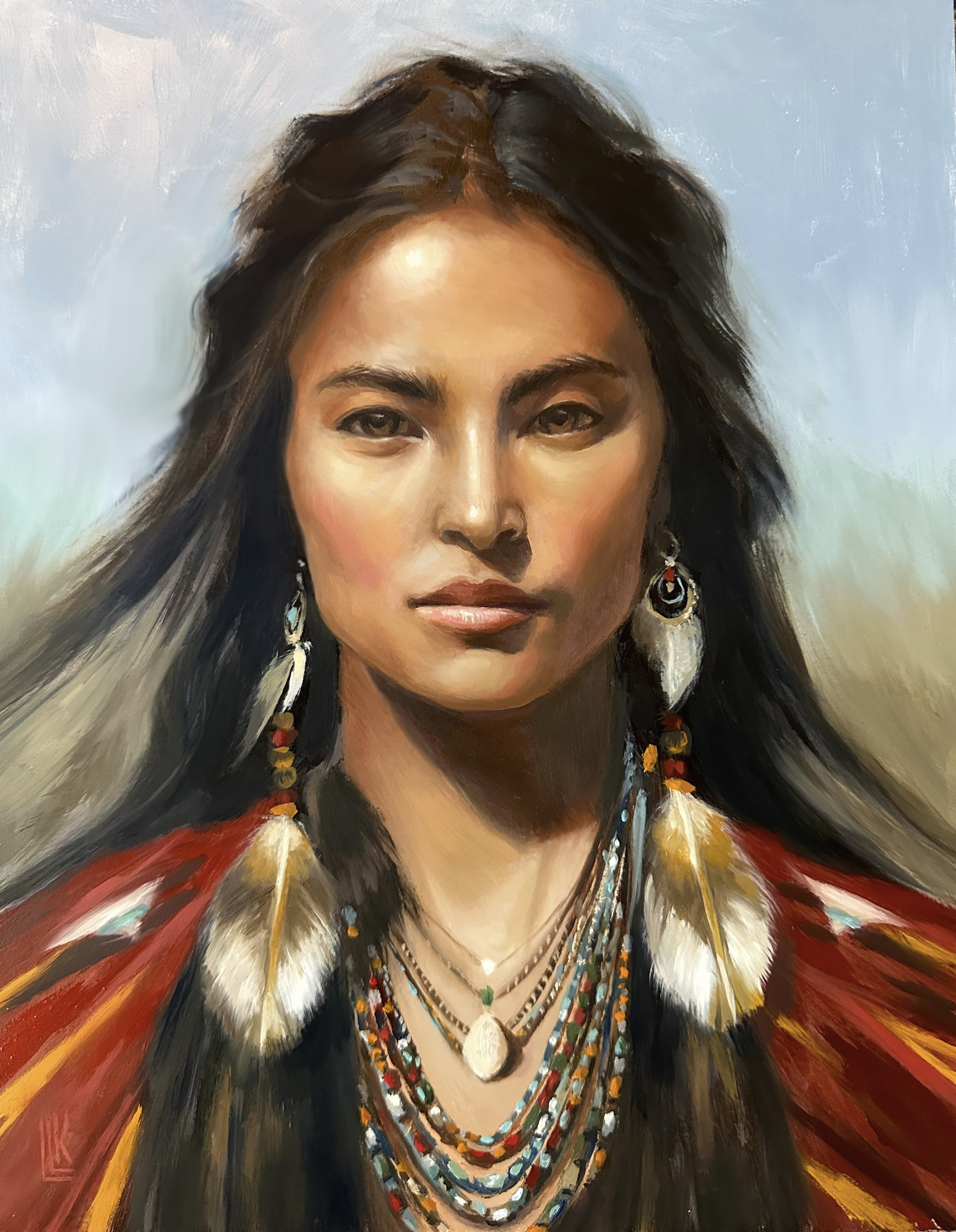 Dreamcatcher, original 2025 portrait oil painting on wood panel by Laura L. Krusemark