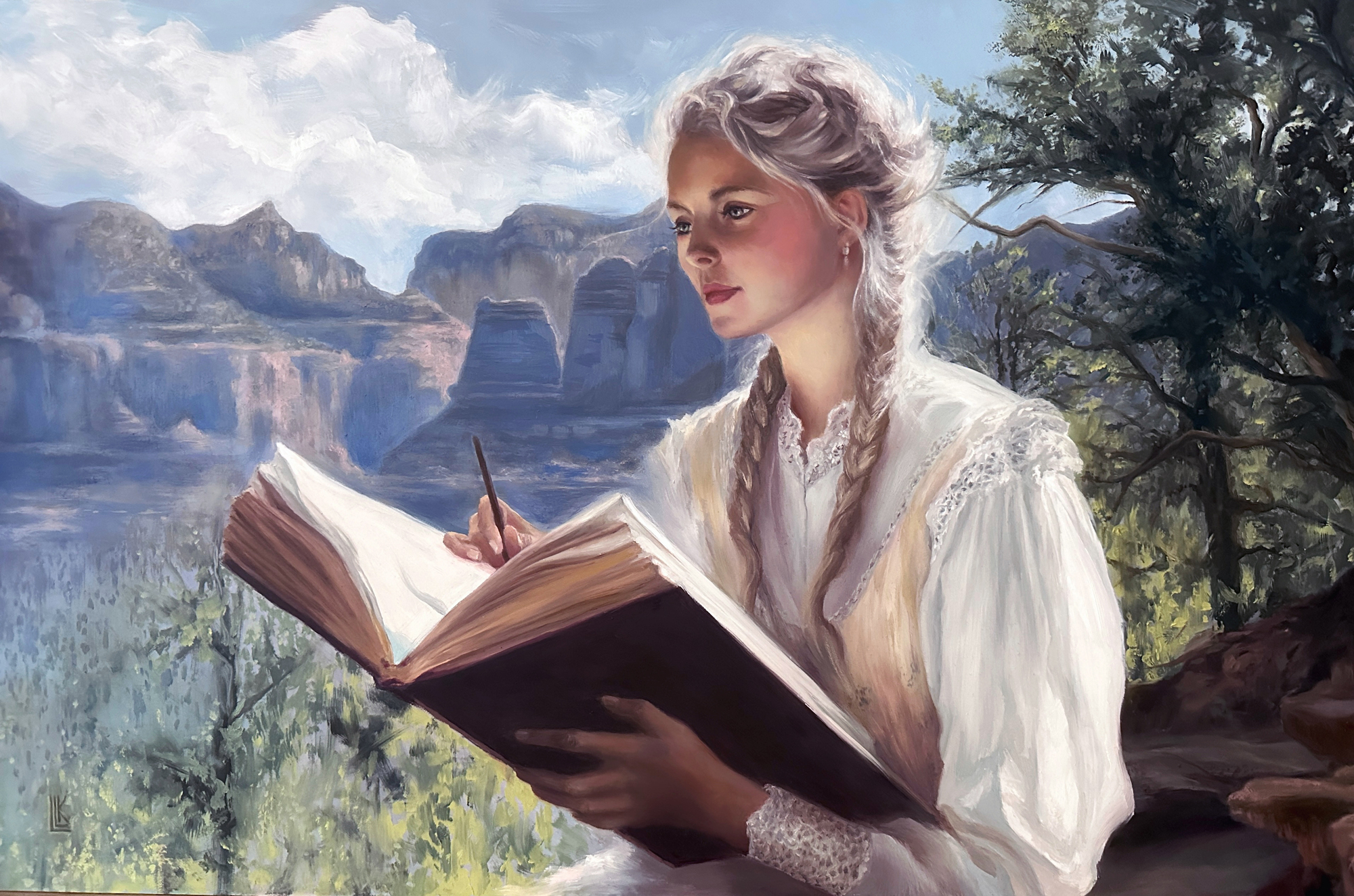 Sedona Reverie, original 2025 portrait oil painting on wood panel by Laura L. Krusemark