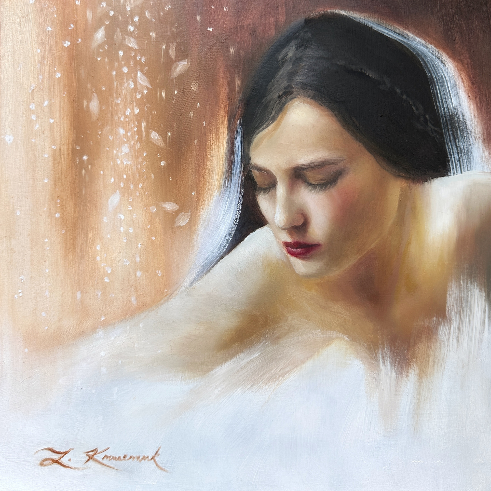 Gifts of Gold, original 2025 portrait oil painting on wood panel by Laura L. Krusemark