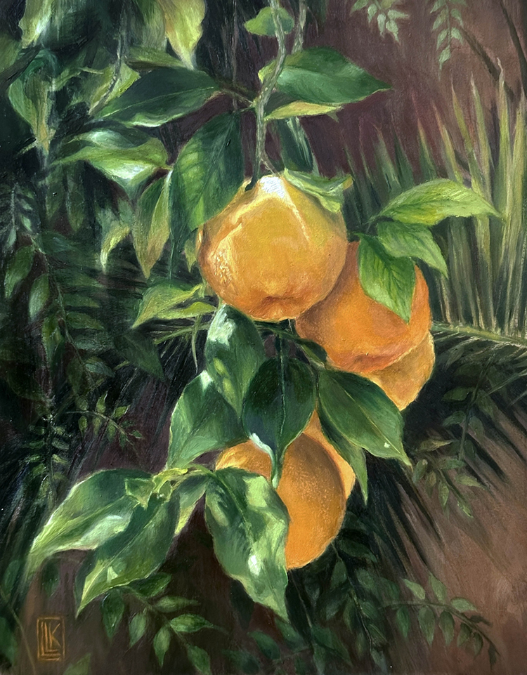 Majorelle Oranges, original 2025 floral oil painting on wood panel by Laura L. Krusemark