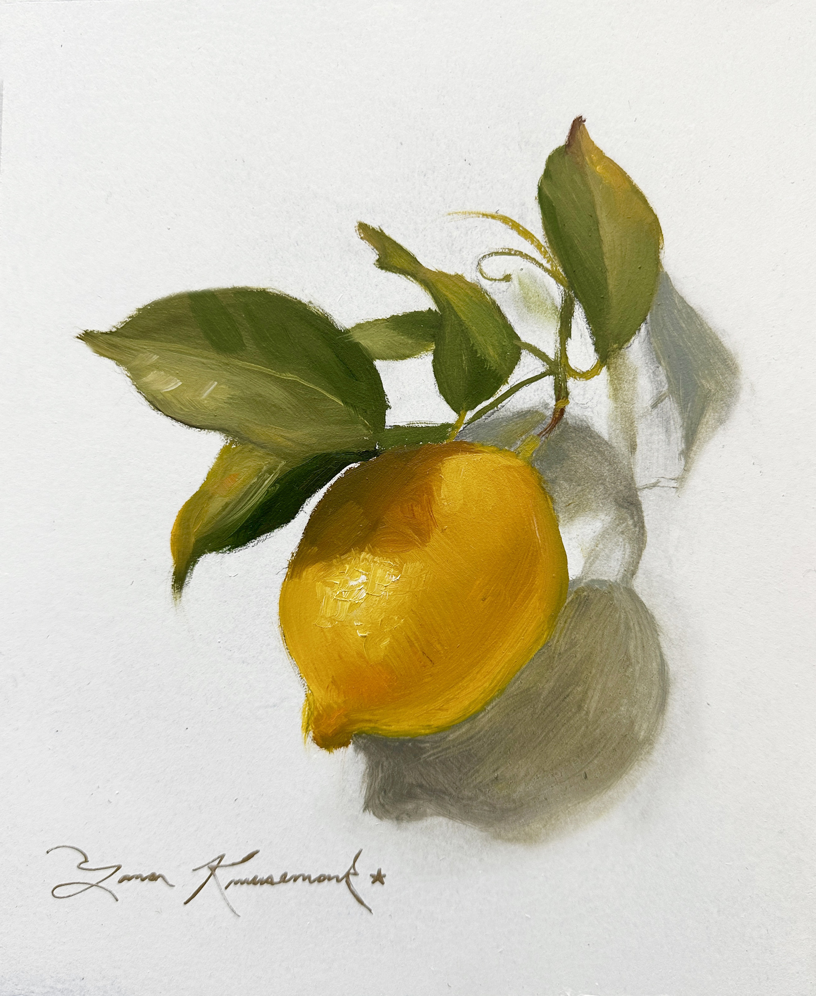 Lemon Study 1, original 2026 still life oil painting on wood panel by Laura L. Krusemark