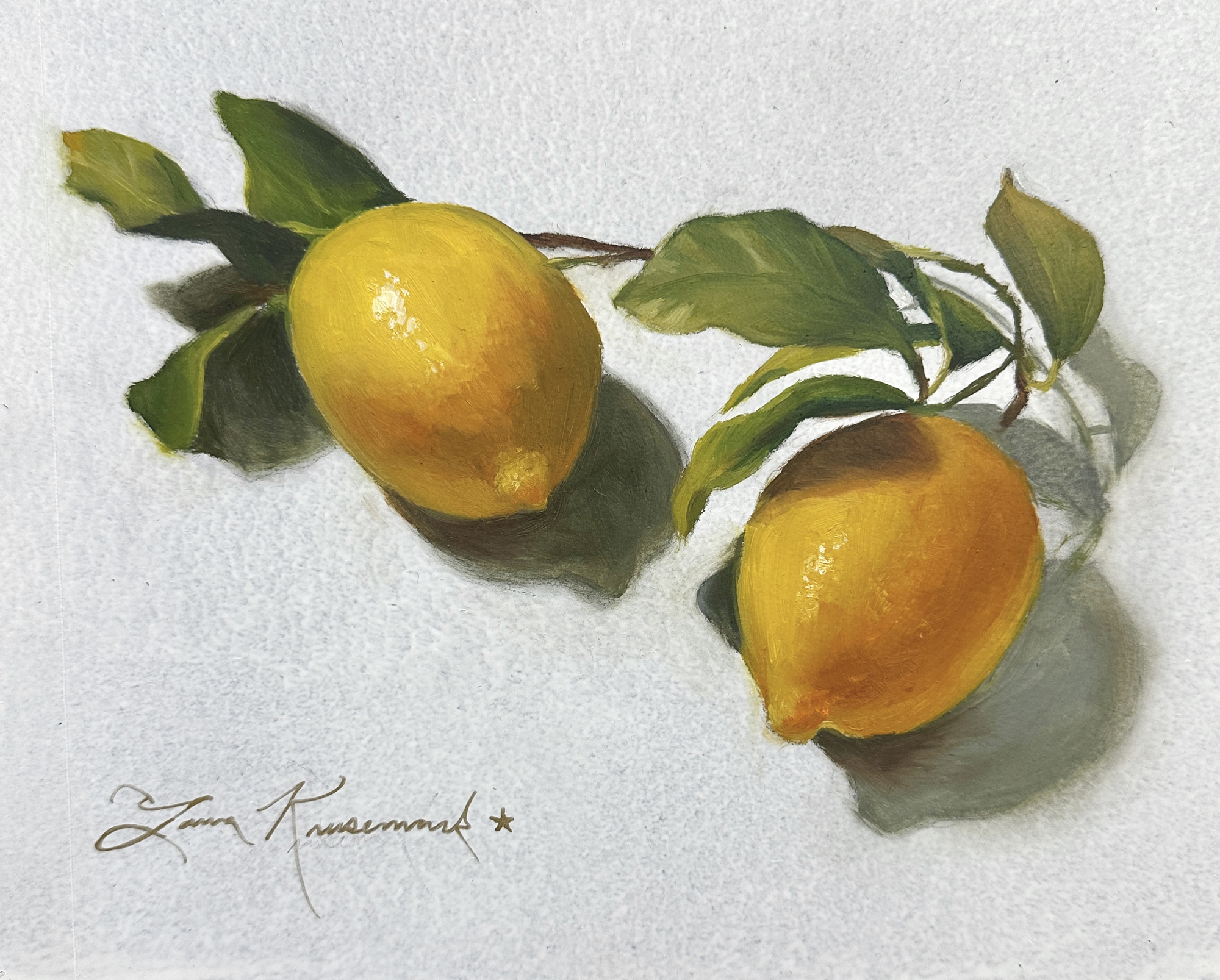 Lemon Love, original 2026 still life oil painting on wood panel by Laura L. Krusemark