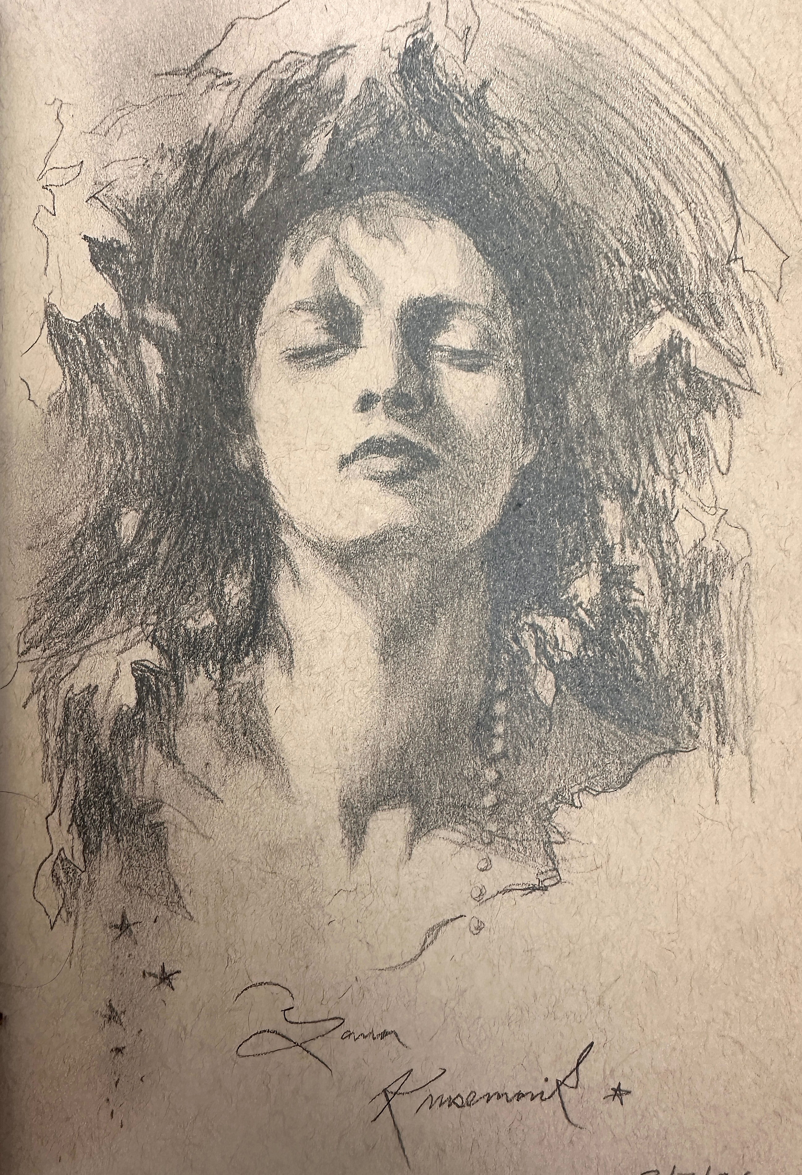 Spring sun, female portrait sketch, closed eyes, expressive graphite drawing, 2026 graphite painting on paper by Laura L. Krusemark