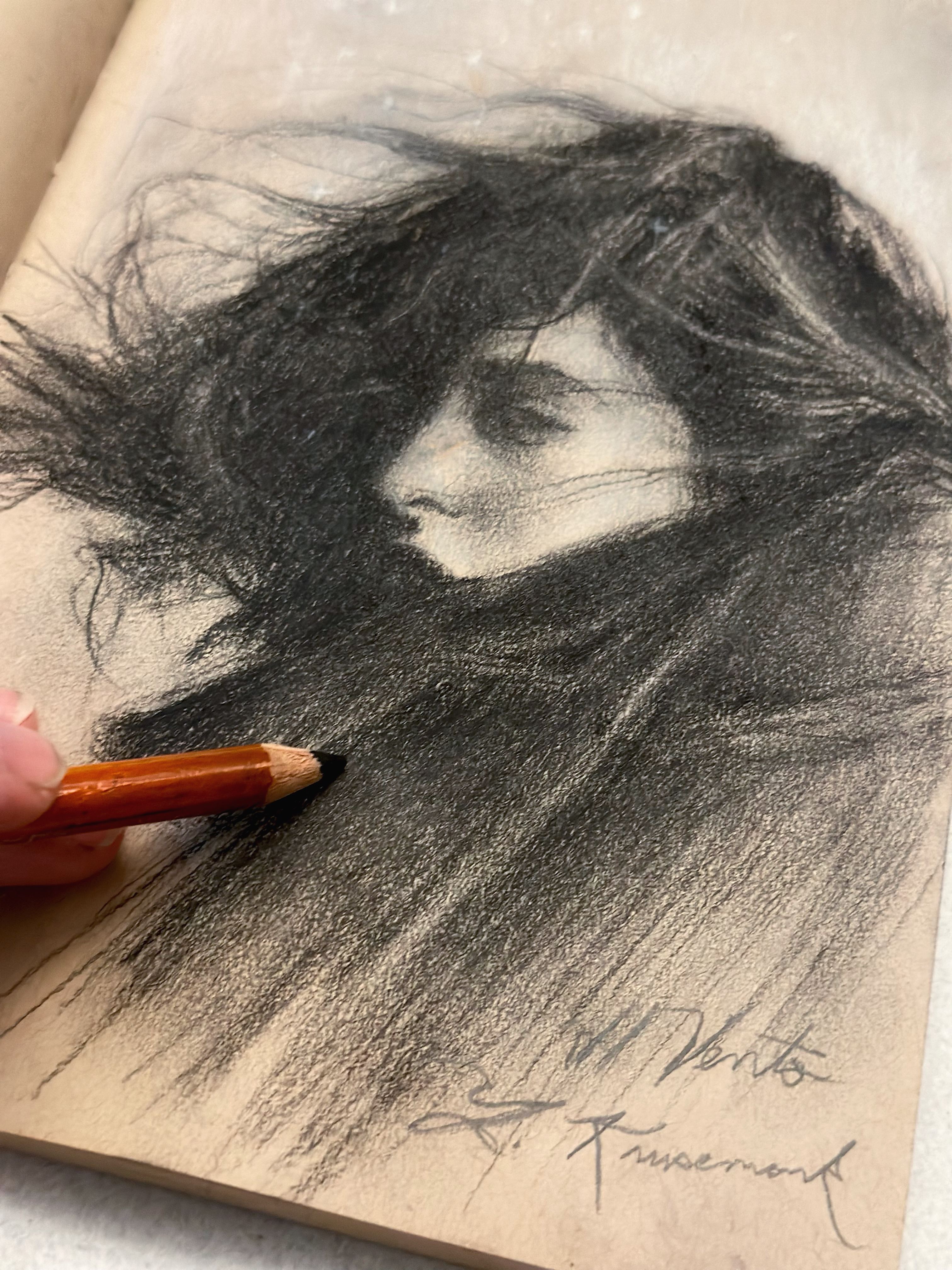 Il vento, female portrait sketch, wind-blown hair, charcoal drawing close-up, 2026 charcoal painting on paper by Laura L. Krusemark