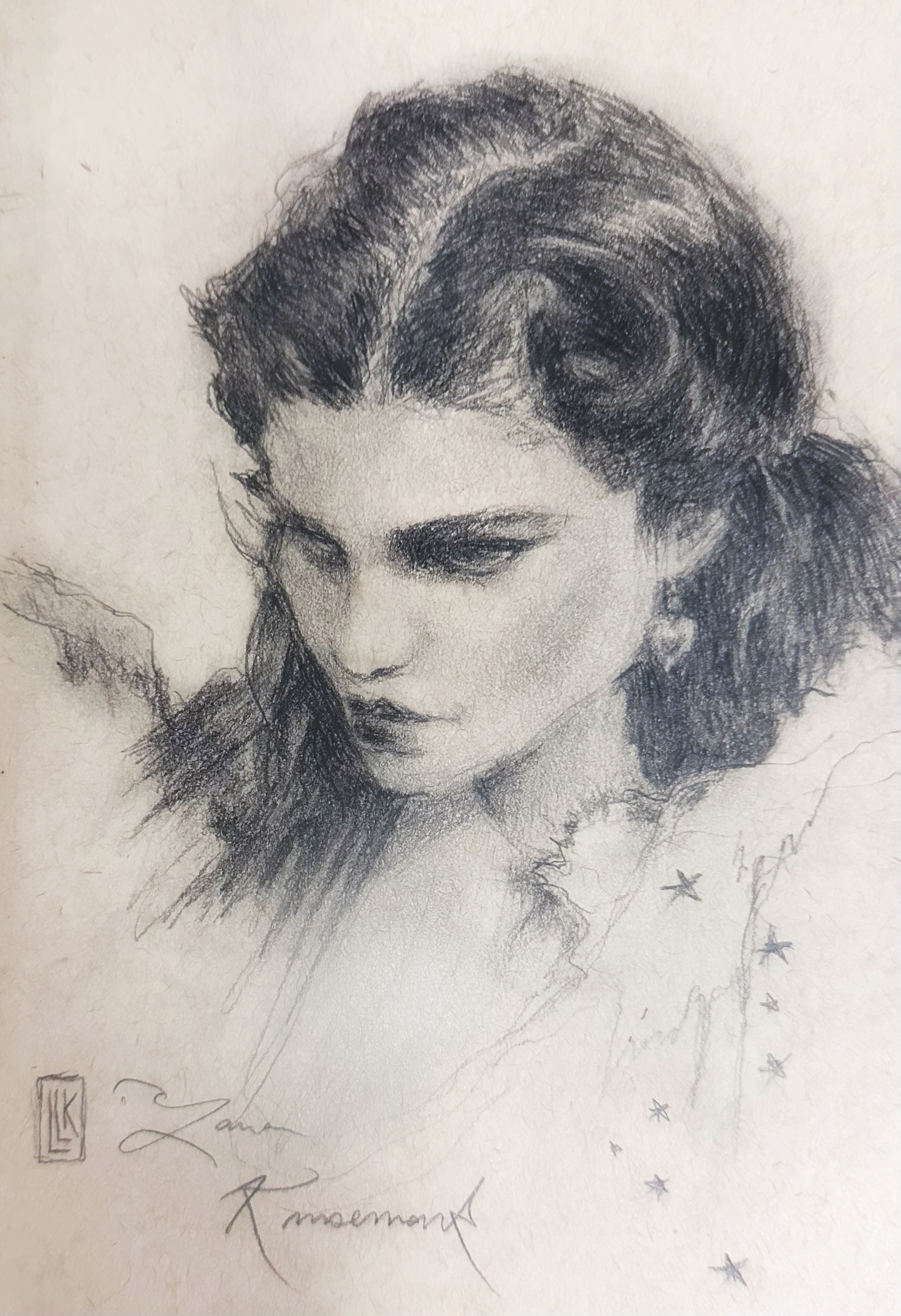 Stargirl, young woman sketch, pencil on paper, 2026 graphite painting on paper by Laura L. Krusemark