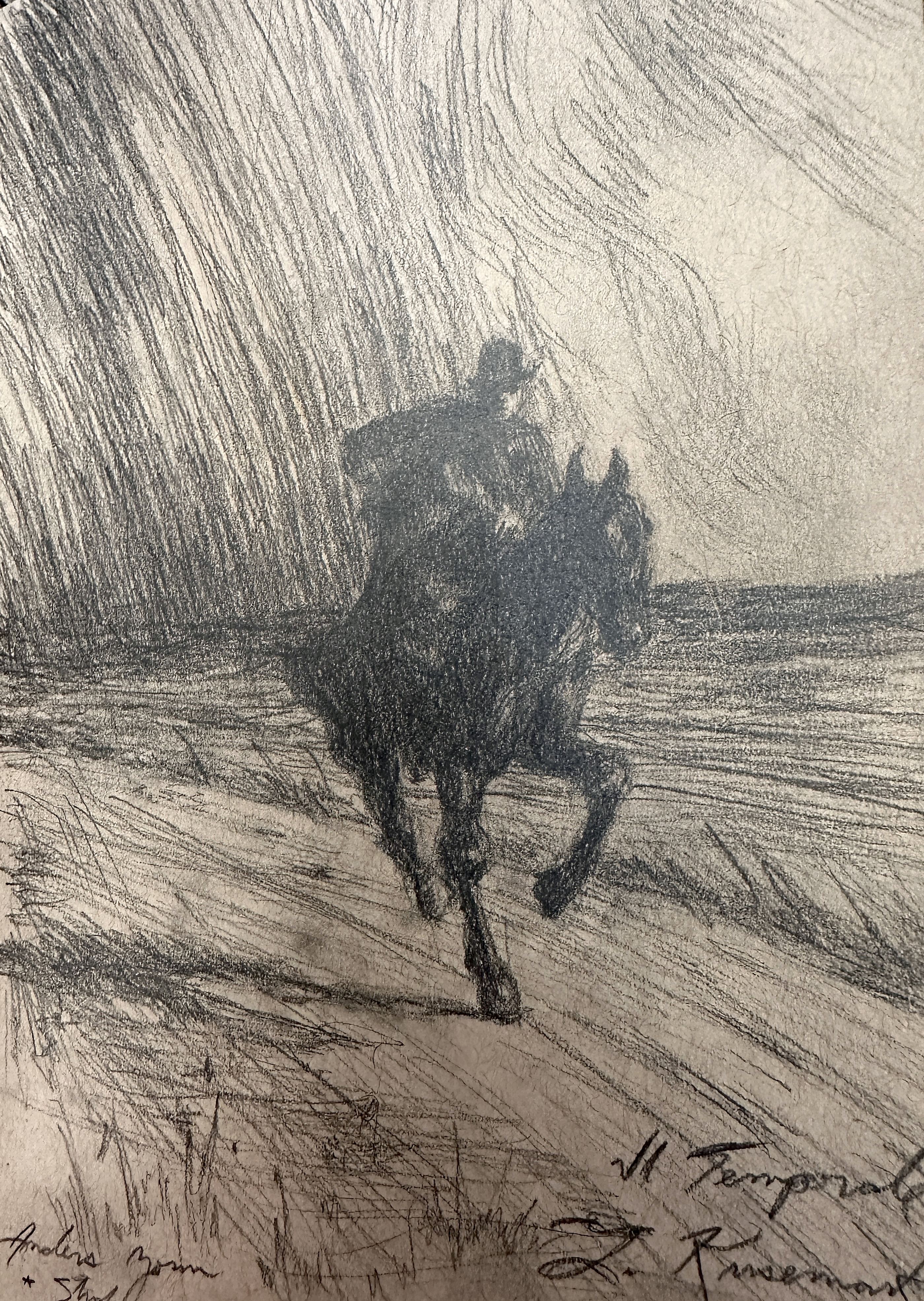 Il temporale, horse and rider sketch, storm landscape, expressive graphite drawing, 2026 graphite painting on paper by Laura L. Krusemark