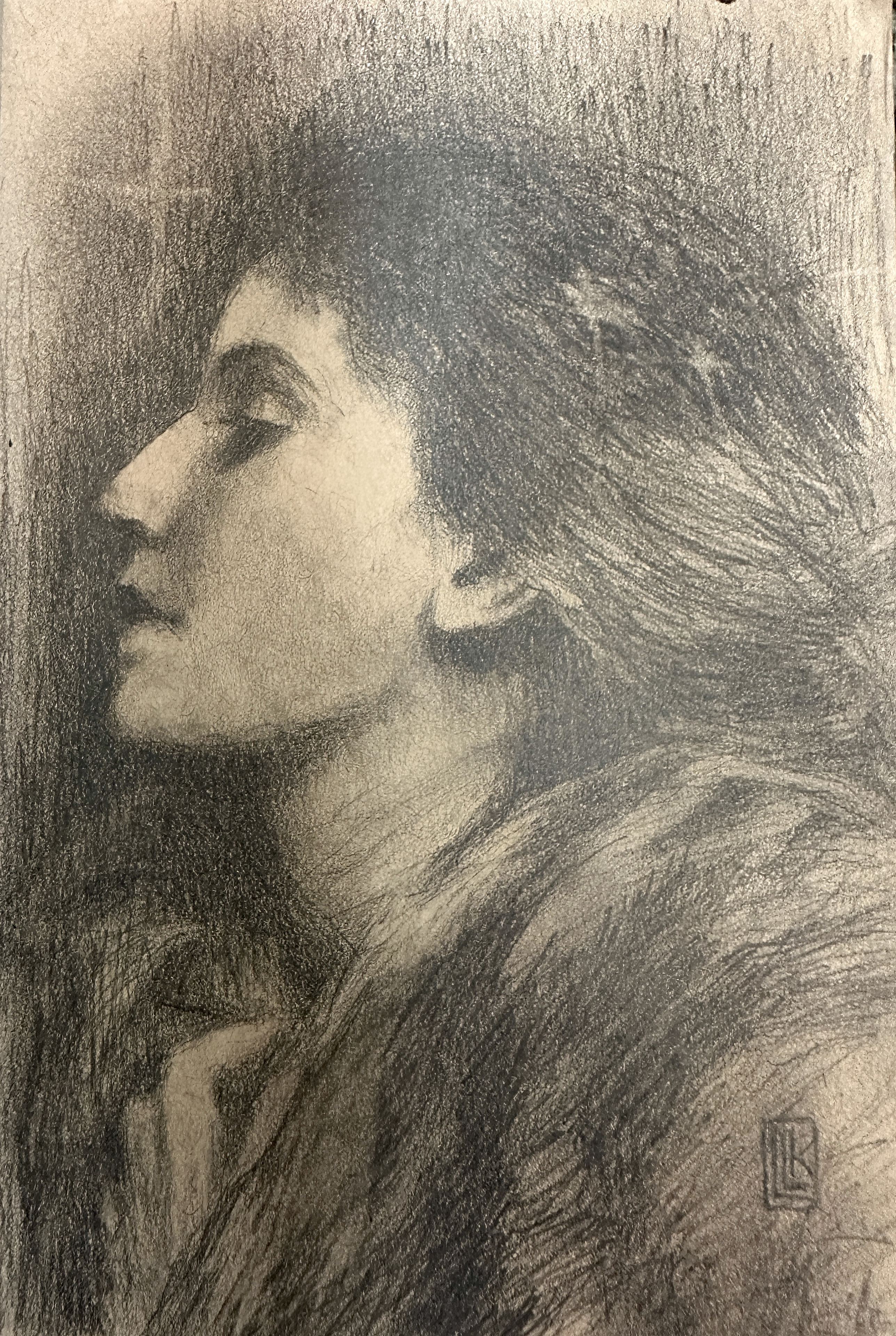 Nightingale, female portrait profile sketch, classical graphite drawing study, 2026 graphite painting on paper by Laura L. Krusemark