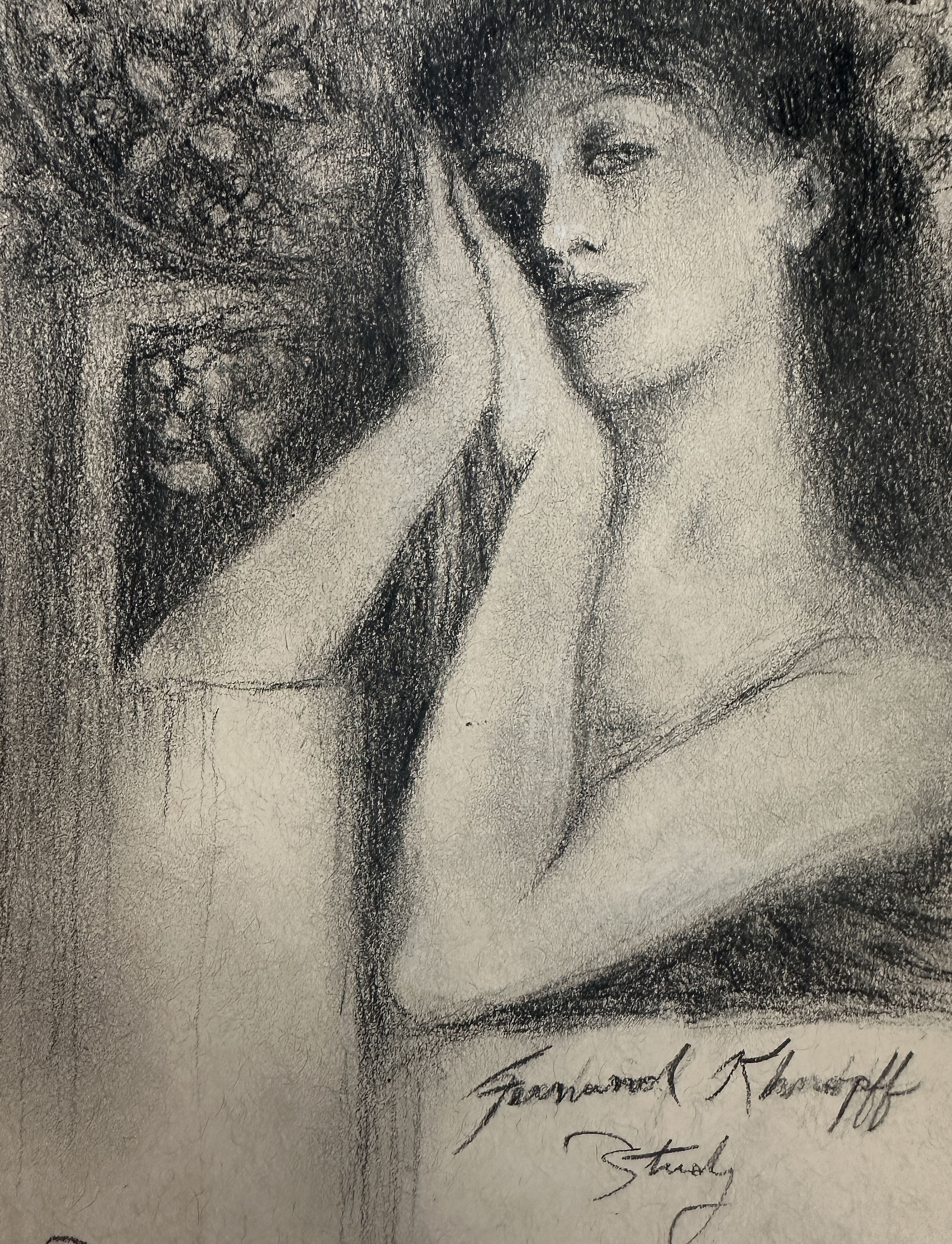 Reflection, female portrait drawing, hand to face, symbolist style sketch, 2026 graphite painting on paper by Laura L. Krusemark