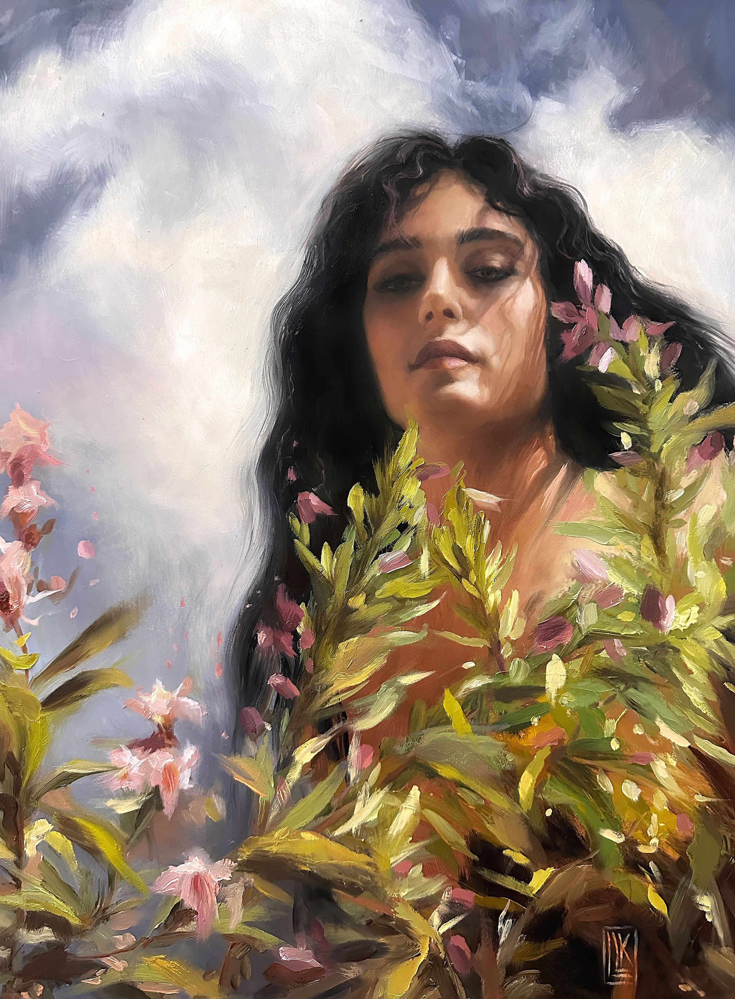 La Primavera, Woman emerging through spring flowers beneath clouds, 2026 oil painting on wood panel by Laura L. Krusemark