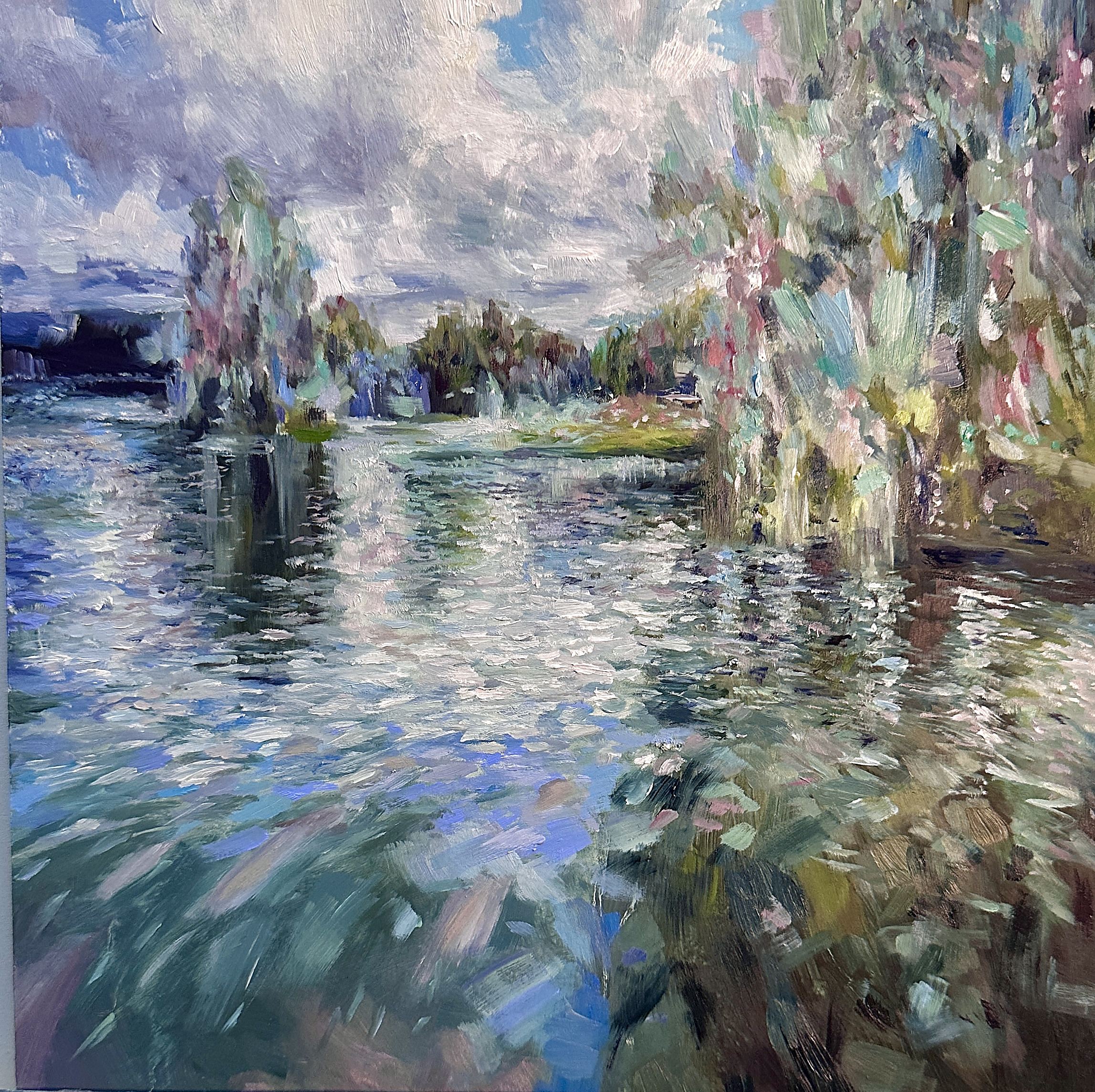 Gitchina Mastercopy, Soft impressionist landscape painting of a reflective river bordered by trees and flowering foliage, rendered with expressive pastel brushstrokes in blue, lavender, green, and blush tones beneath a cloudy luminous sky., 2026 oil painting on wood panel by Laura L. Krusemark