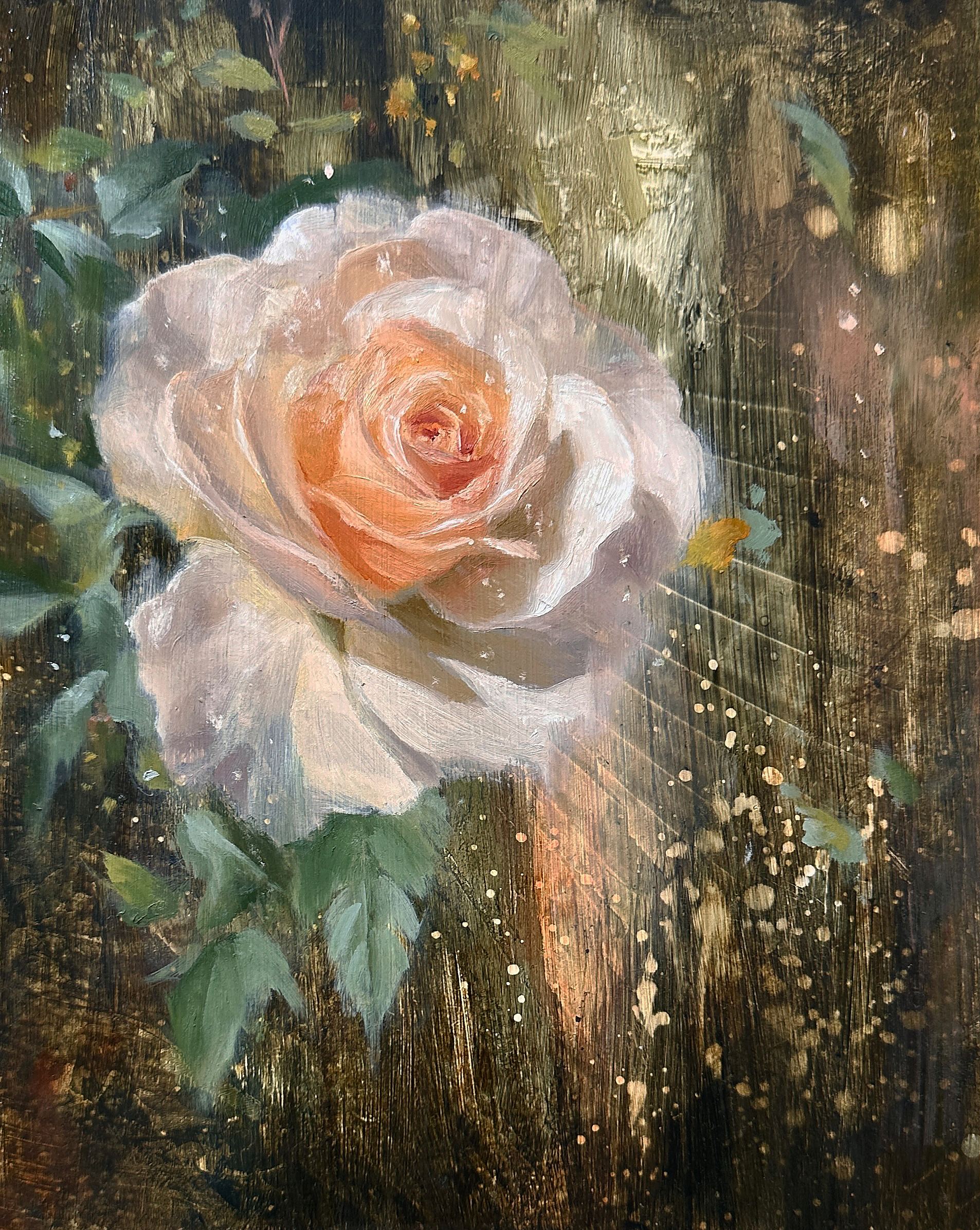 Apricot Sunburst, Apricot Sunburst is an expressive oil painting of a glowing apricot rose surrounded by garden foliage, layered texture, and luminous light., 2026 oil painting on wood panel by Laura L. Krusemark