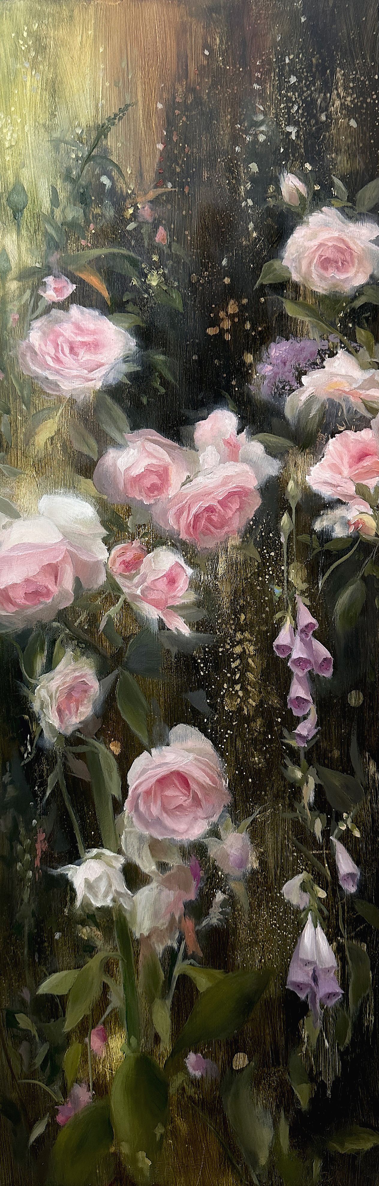 Rose Garden of the Fairies, Rose Garden of the Fairies is an original oil painting of an enchanted garden filled with delicate pink roses, foxgloves, lush foliage, and luminous, dreamlike light., 2026 oil painting on wood panel by Laura L. Krusemark