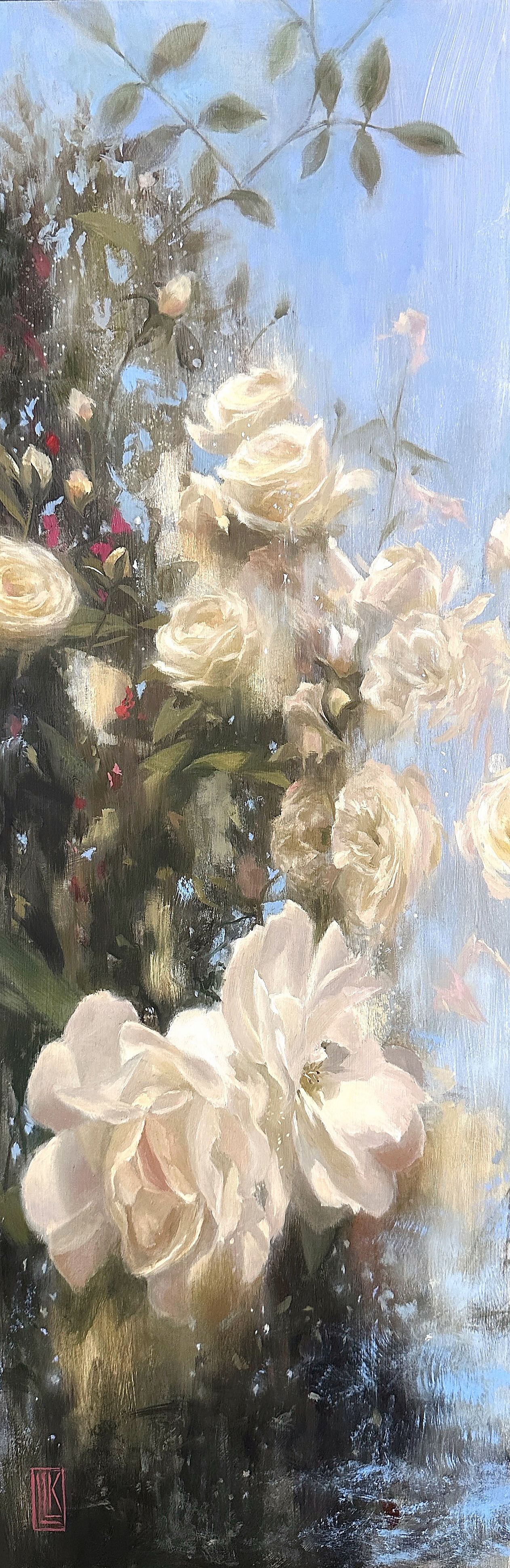 The Eternal Garden, The Eternal Garden is an original floral oil painting featuring luminous warm white roses and soft blossoms emerging against an ethereal blue sky, evoking the serenity and timeless beauty of a heavenly garden., 2026 oil painting on wood panel by Laura L. Krusemark
